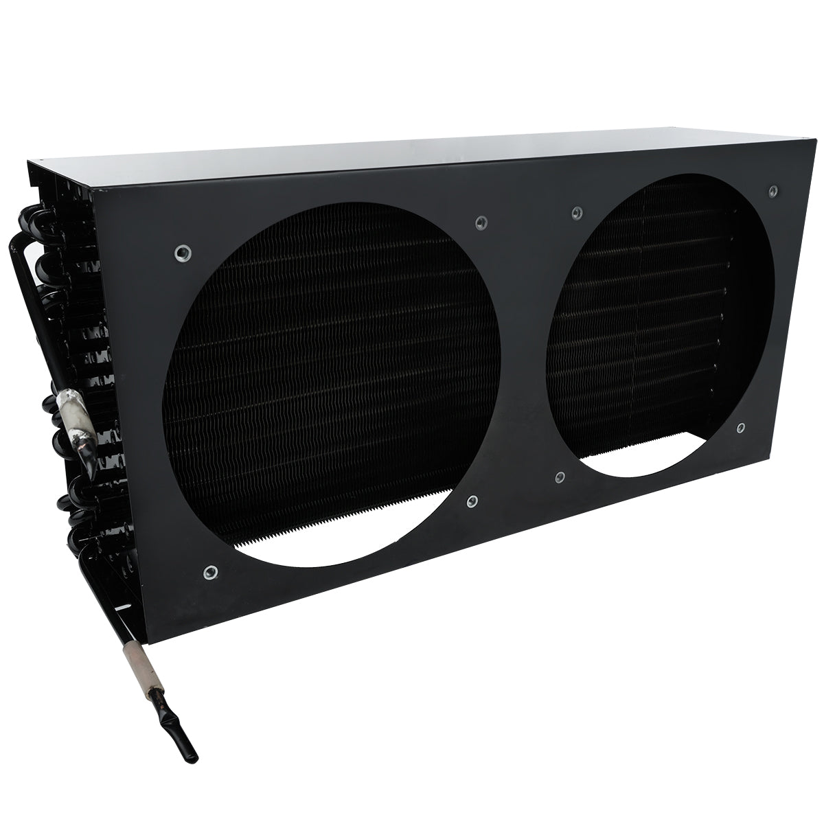 A black rectangular metal HVAC evaporator coil unit with two large circular openings, showing dark cooling fins inside. Several copper tubes and a pipe extend from the left side for connection to an Empura Refrigeration system. The background is plain white.
