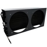 A black rectangular metal HVAC evaporator coil unit with two large circular openings, showing dark cooling fins inside. Several copper tubes and a pipe extend from the left side for connection to an Empura Refrigeration system. The background is plain white.