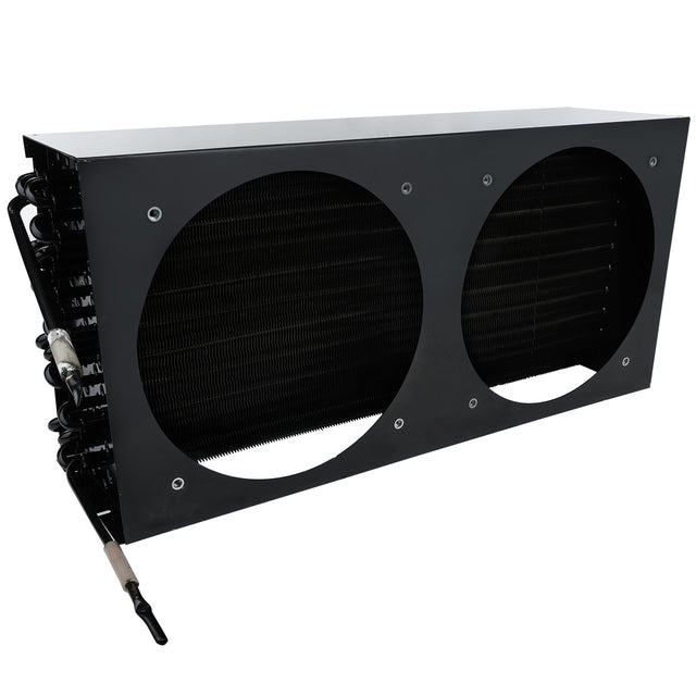 A black rectangular metal HVAC evaporator coil unit with two large circular openings, showing dark cooling fins inside. Several copper tubes and a pipe extend from the left side for connection to an Empura Refrigeration system. The background is plain white.