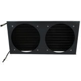 A rectangular black metal cooling unit, like those found in Empura Refrigeration systems, features two large circular ventilation holes with black grille fins behind each opening and two cables extending from the edges. The smooth front has visible screws around the holes.