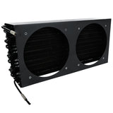 A black rectangular metal condenser coil or radiator component with two large circular openings, cooling fins and coils, plus two attached cables, shown isolated on a white background. Compatible with Empura Refrigeration or Empura Parts.