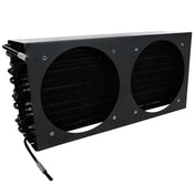 A black rectangular metal condenser coil or radiator component with two large circular openings, cooling fins and coils, plus two attached cables, shown isolated on a white background. Compatible with Empura Refrigeration or Empura Parts.