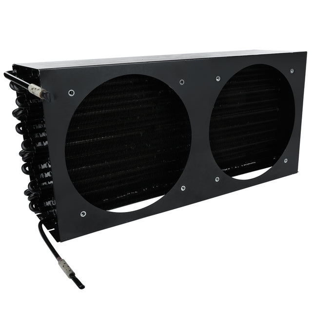 A black rectangular metal condenser coil or radiator component with two large circular openings, cooling fins and coils, plus two attached cables, shown isolated on a white background. Compatible with Empura Refrigeration or Empura Parts.