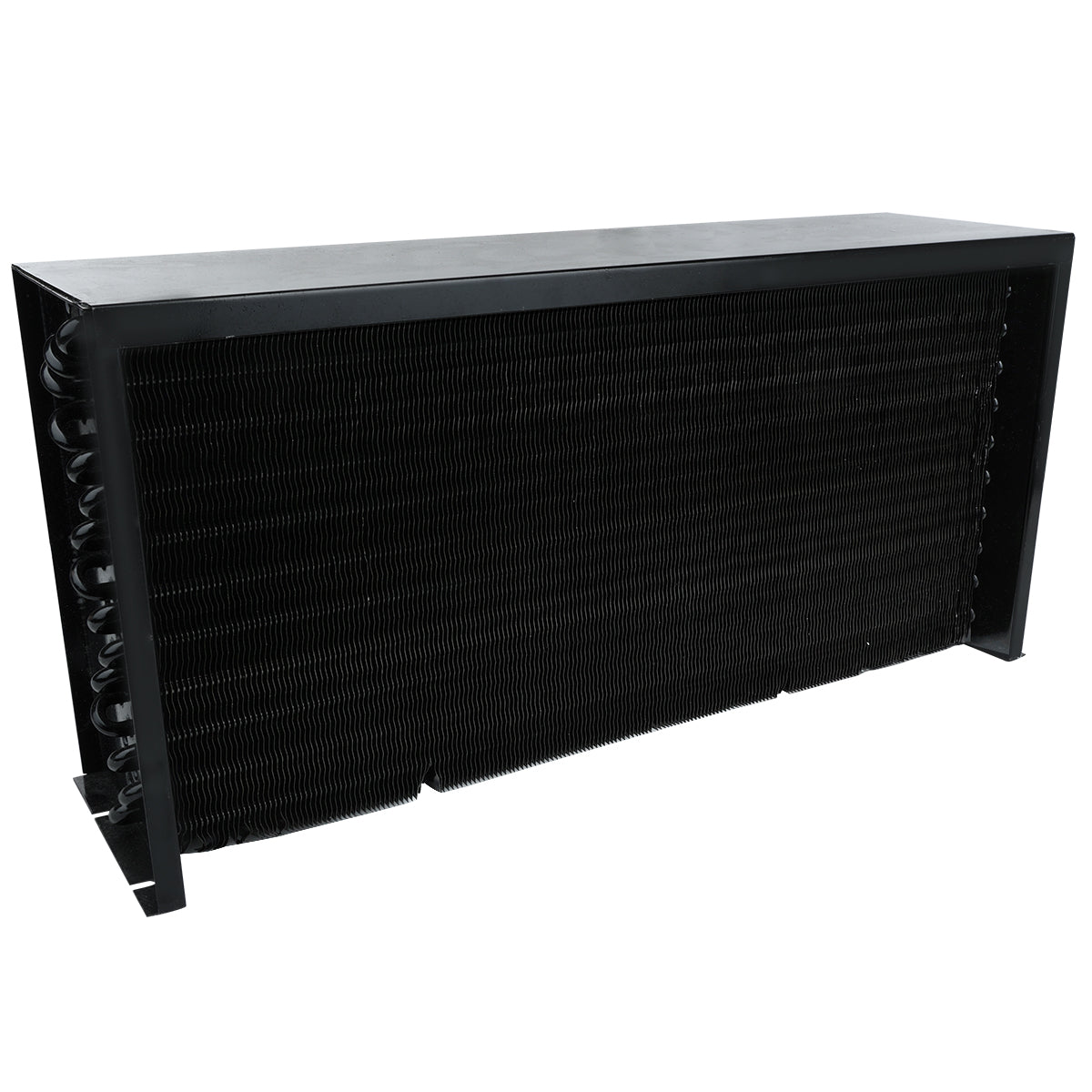 A large, rectangular black metal condenser coil with closely packed horizontal fins, encased in a black frame. This Empura Refrigeration part stands upright at an angle against a plain white background.