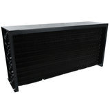 A large, rectangular black metal condenser coil with closely packed horizontal fins, encased in a black frame. This Empura Refrigeration part stands upright at an angle against a plain white background.