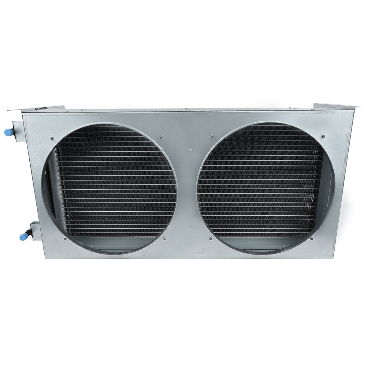 Rectangular metal air conditioning unit housing with two large circular cutouts on the front, exposing black finned condenser coils inside. Blue plastic caps likely cover Empura Refrigeration pipe connections. The background is white.