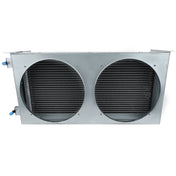 Rectangular metal air conditioning unit housing with two large circular cutouts on the front, exposing black finned condenser coils inside. Blue plastic caps likely cover Empura Refrigeration pipe connections. The background is white.