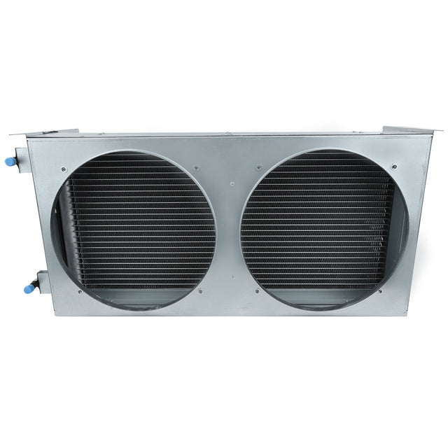 Rectangular metal air conditioning unit housing with two large circular cutouts on the front, exposing black finned condenser coils inside. Blue plastic caps likely cover Empura Refrigeration pipe connections. The background is white.