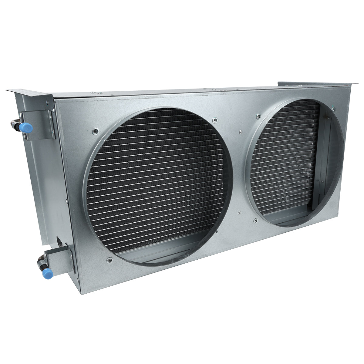 A rectangular metal HVAC condenser coil unit with two large circular openings. The finned heat exchanger is visible inside, and blue capped pipe connections for fluid inlet and outlet sit on one side. Ideal for Empura Refrigeration systems. Background is plain white.