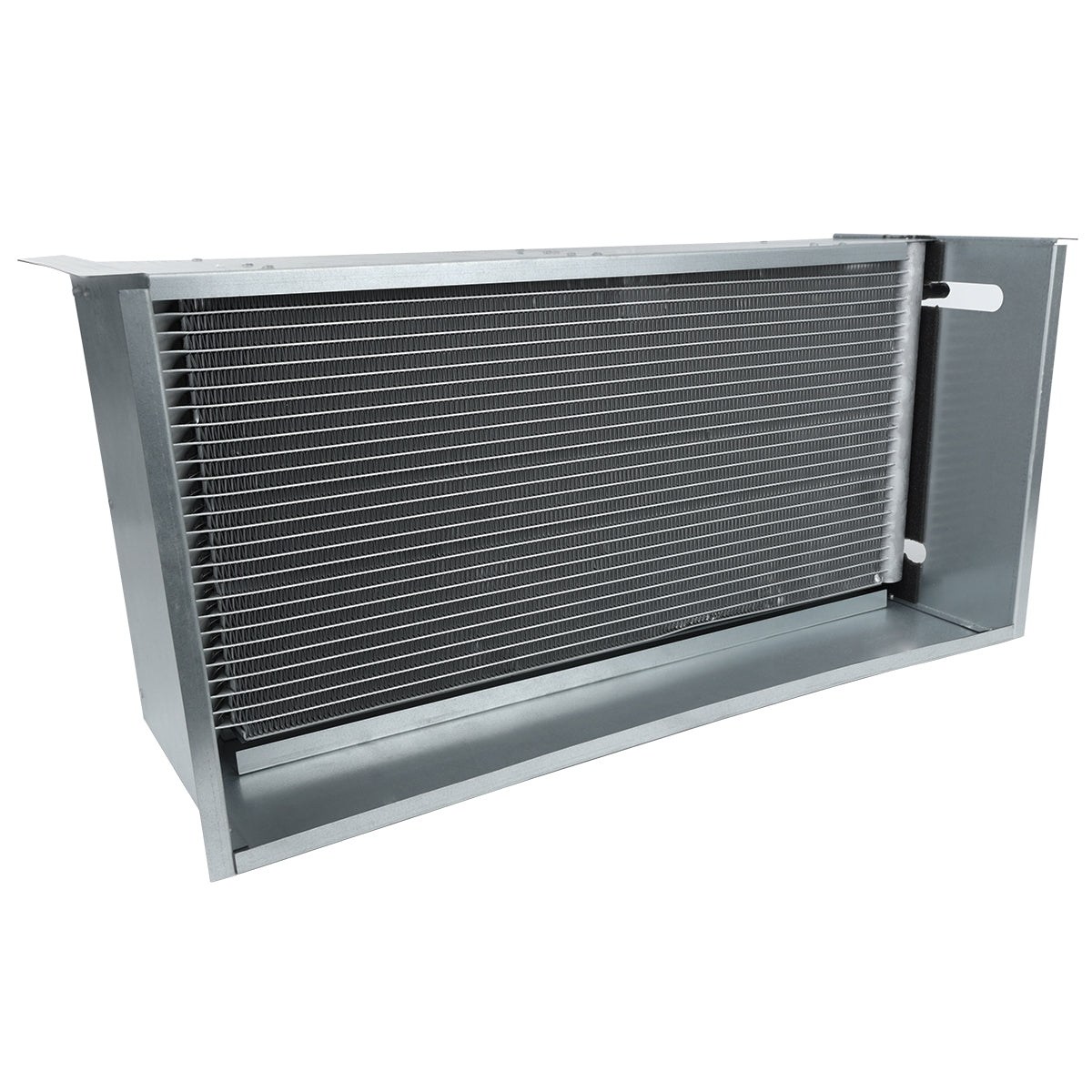 A rectangular metal condenser coil for Empura Refrigeration, featuring thin, evenly spaced horizontal fins within a sturdy frame. The structure appears clean and industrial against a white background—ideal as an Empura Parts replacement.