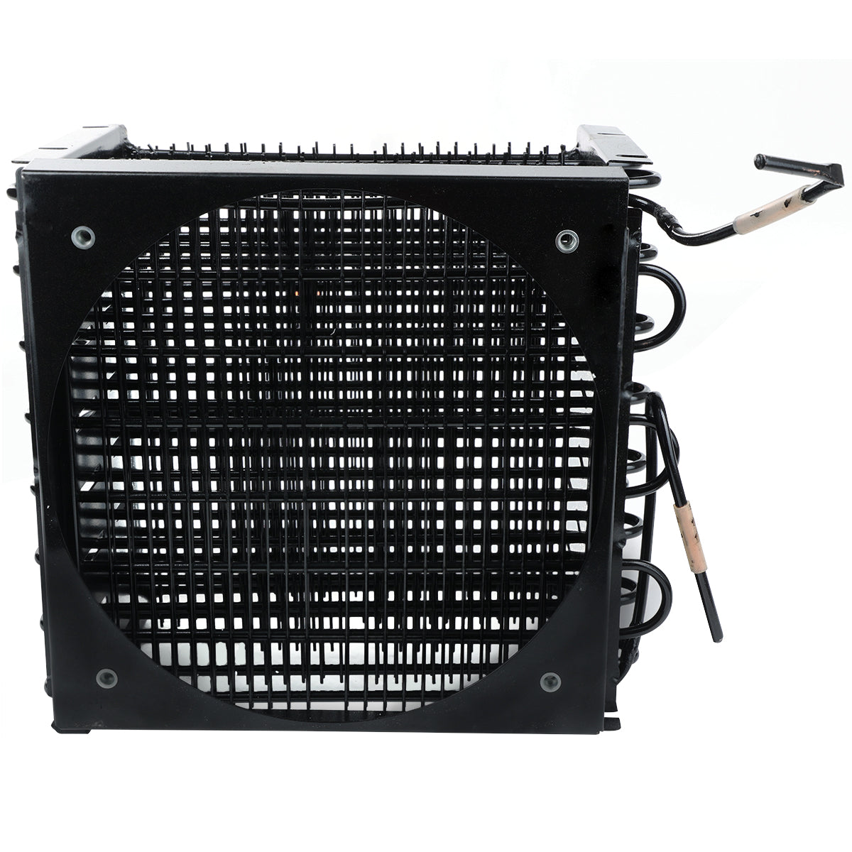 A black metal Empura Refrigeration condenser coil with a square frame, circular fan opening, and rows of tubes. Coiled black refrigerant lines extend right, with copper pipe attachments and an angled handle. The background is white.