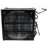 A black metal Empura Refrigeration condenser coil with a square frame, circular fan opening, and rows of tubes. Coiled black refrigerant lines extend right, with copper pipe attachments and an angled handle. The background is white.