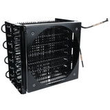 A black metal Empura Refrigeration condenser coil assembly with tightly packed horizontal and vertical coils, a large central circular opening, and two protruding copper tubes with black insulation on the right side. Ideal for Empura Parts replacement.