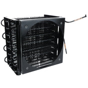 A black metal Empura Refrigeration condenser coil assembly with tightly packed horizontal and vertical coils, a large central circular opening, and two protruding copper tubes with black insulation on the right side. Ideal for Empura Parts replacement.