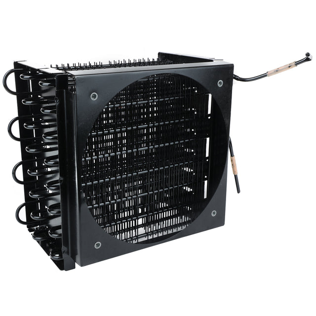 A black metal Empura Refrigeration condenser coil assembly with tightly packed horizontal and vertical coils, a large central circular opening, and two protruding copper tubes with black insulation on the right side. Ideal for Empura Parts replacement.