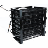 A black metal Empura Parts condenser coil with layered, grid-like wire fins and curved tubes stands upright on a white background. Two copper-tipped tubular extensions protrude from the left side for refrigerant flow during installation.