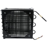A black metal Empura Refrigeration E-KBB602B condenser coil features a square frame, a large circular central opening with horizontal and vertical fins, and two insulated copper pipes extending from the right side.