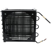 A black metal Empura Refrigeration E-KBB602B condenser coil features a square frame, a large circular central opening with horizontal and vertical fins, and two insulated copper pipes extending from the right side.