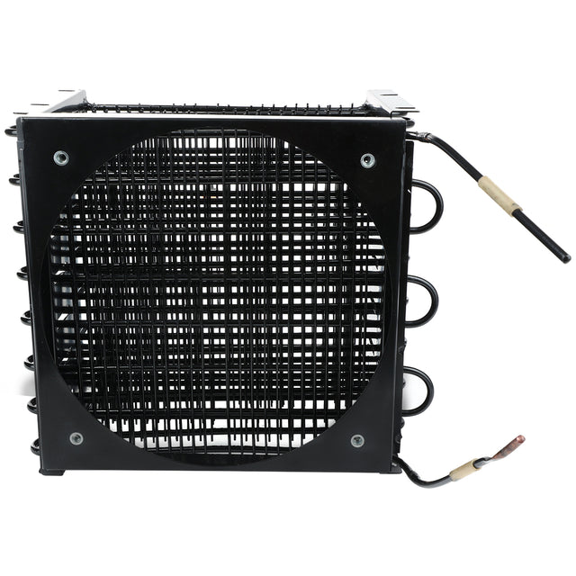 A black metal Empura Refrigeration E-KBB602B condenser coil features a square frame, a large circular central opening with horizontal and vertical fins, and two insulated copper pipes extending from the right side.