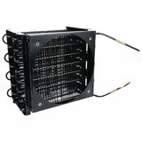 Black metal Empura Refrigeration condenser coil, model E-KBB602B, with four stacked grid-like rows and central circular fan cutout. Two insulated copper pipes extend outward, designed for efficient heat exchange in refrigeration systems.