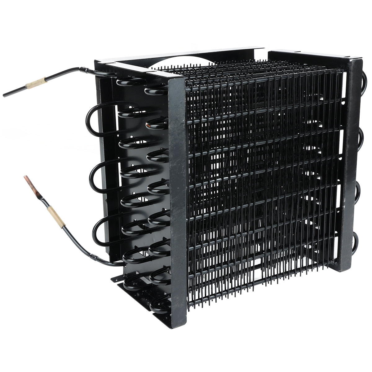 A black metal Empura Refrigeration condenser coil unit with tightly packed horizontal and vertical tubing, two attached wires with connectors, and a sturdy frame. The E-KBB602B unit is photographed against a white background.
