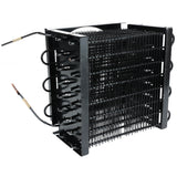 A black metal Empura Refrigeration condenser coil unit with tightly packed horizontal and vertical tubing, two attached wires with connectors, and a sturdy frame. The E-KBB602B unit is photographed against a white background.
