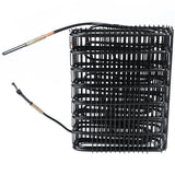 A black metal wire condenser coil for Empura Refrigeration, featuring two exposed black wires tipped with metallic sensors. The tightly wound Empura Parts coil forms stacked horizontal rows against a white, uncluttered background.
