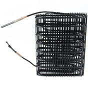 A black metal wire condenser coil for Empura Refrigeration, featuring two exposed black wires tipped with metallic sensors. The tightly wound Empura Parts coil forms stacked horizontal rows against a white, uncluttered background.