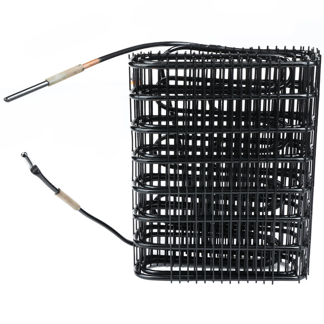 A black metal wire condenser coil for Empura Refrigeration, featuring two exposed black wires tipped with metallic sensors. The tightly wound Empura Parts coil forms stacked horizontal rows against a white, uncluttered background.