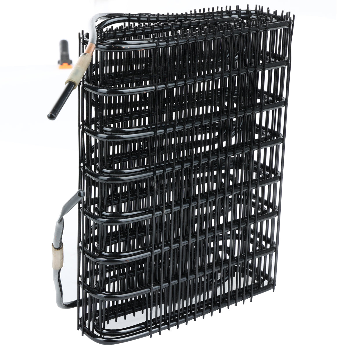 A black wire condenser coil from Empura Refrigeration features multiple horizontal and vertical bars in a sturdy, upright structure. Metal tubes run through the coil, ending in a black and copper fitting for an industrial, functional look.