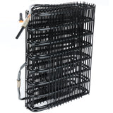 A black wire condenser coil from Empura Refrigeration features multiple horizontal and vertical bars in a sturdy, upright structure. Metal tubes run through the coil, ending in a black and copper fitting for an industrial, functional look.
