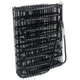 A black, metal wire condenser coil with multiple horizontal loops, commonly used in Empura Refrigeration units. A black tube, partially insulated with beige material, is attached to the coil and loops around its side. The unit stands upright against a white background.
