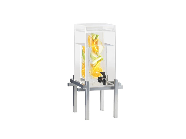 A clear, rectangular beverage dispenser with a 1.5 gallon capacity and silver metal stand holds water infused with orange, lemon, and cucumber slices. The black spigot allows for easy pouring, while the infusion chamber keeps fruit slices visible inside. White background.