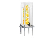 A tall, clear 5 gallon beverage dispenser filled with water and slices of lemon, orange, and green apple. It stands on a sleek, modern metal frame with a small black spigot and an infusion chamber for fresh flavor in every pour.