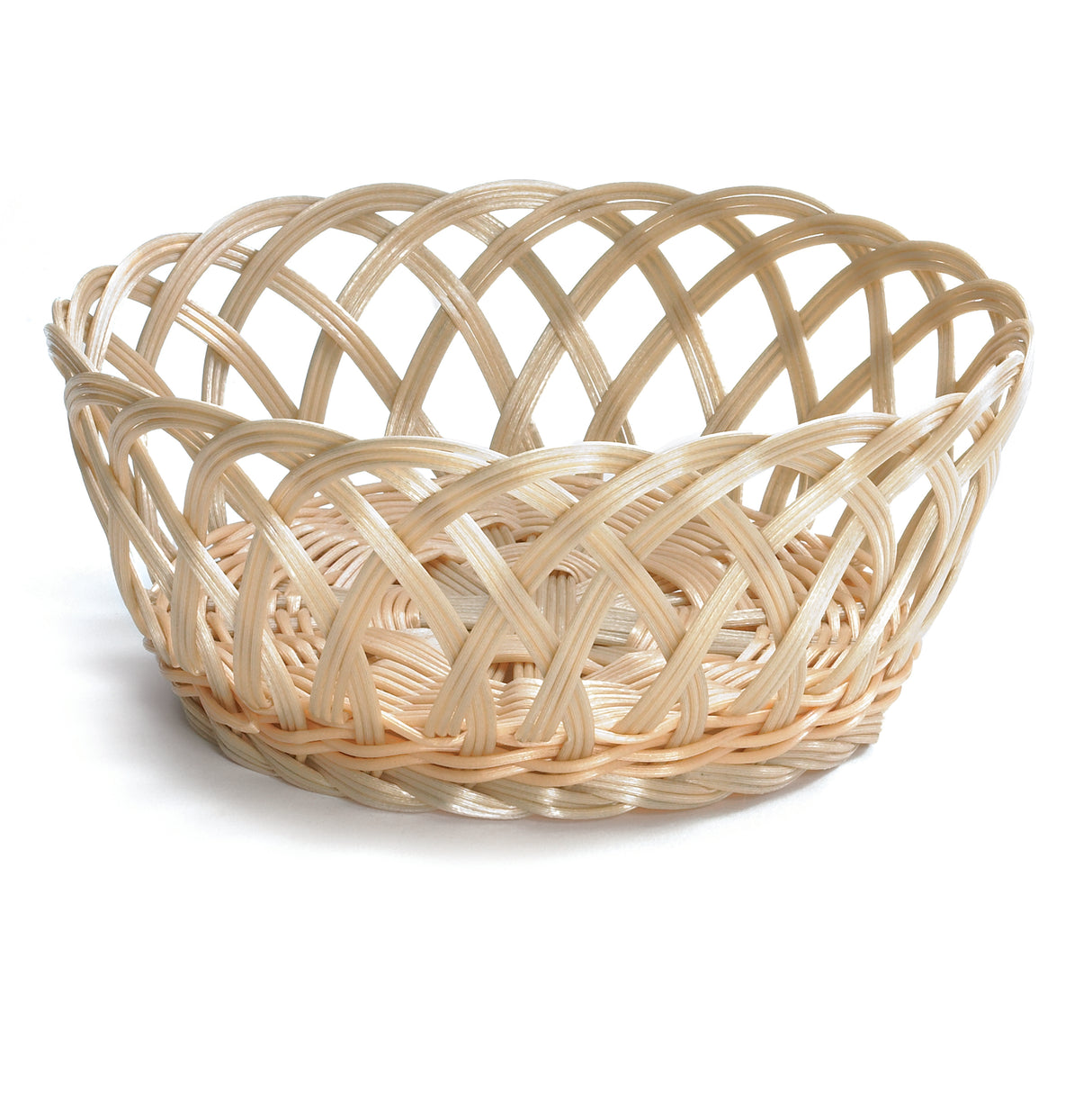 A round, shallow basket made of light-colored, hand-woven wicker, featuring an open, crisscross lattice pattern around the sides and a solid, tightly woven base, set against a plain white background.