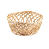 A round, light brown hand-woven wicker basket with an open, crisscross weave pattern. The empty basket sits on a plain white background, highlighting its textured, woven structure.