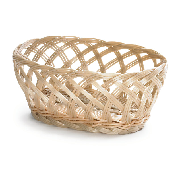 A small, empty oval basket made from light-colored woven wicker is shown against a white background. The hand-woven basket features an open, crisscross pattern, giving it an airy and lightweight appearance.