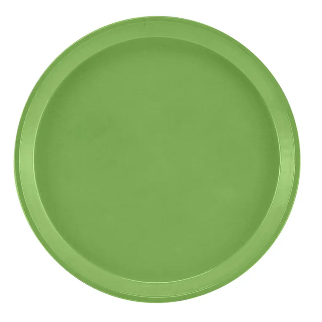 A round, plain, green fiberglass tray with a slightly raised edge, shown from above on a white background. The smooth surface of this Serving Camtray has no visible patterns or decorations and is dishwasher safe.