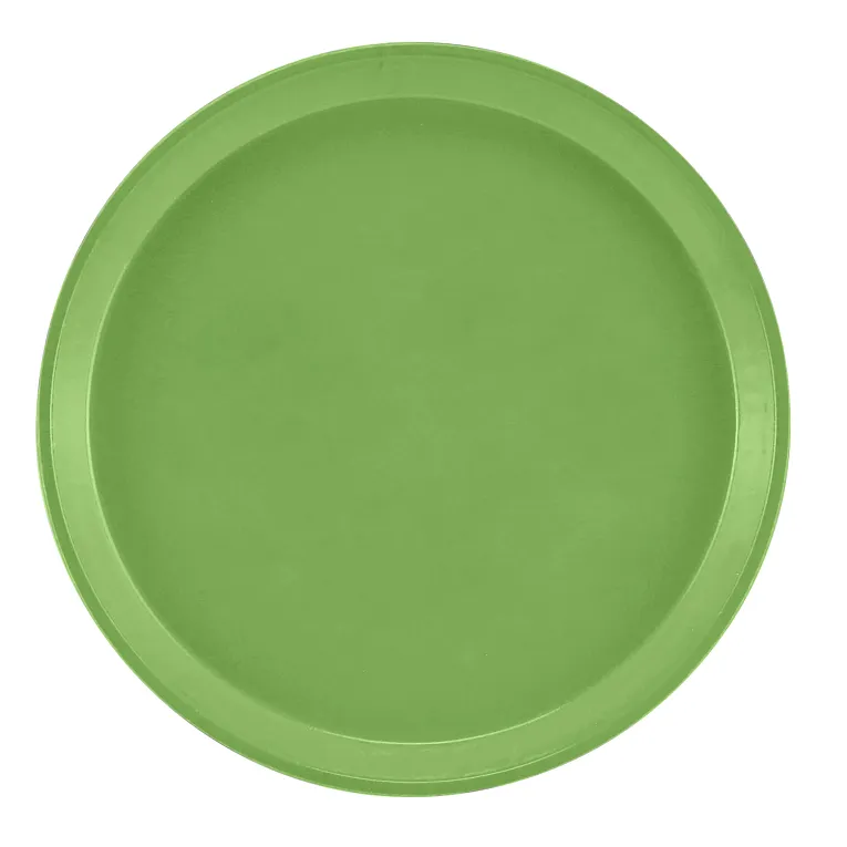 A round, flat green Serving Camtray is shown from above against a white background. This dishwasher safe fiberglass tray features a raised edge and smooth, matte finish with no patterns or decorations visible.
