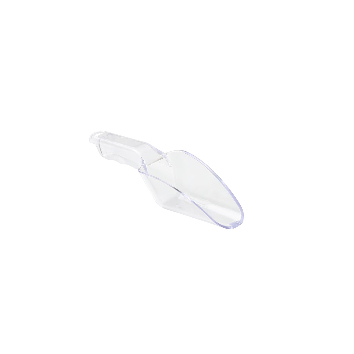 A clear polycarbonate ice scoop with a short handle is shown on a white background. The deep, oval-shaped bowl and handle are visible. The image is minimalist with no other objects present, highlighting the scoop’s durable, dishwasher safe design.
