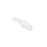A clear polycarbonate ice scoop with a short handle is shown on a white background. The deep, oval-shaped bowl and handle are visible. The image is minimalist with no other objects present, highlighting the scoop’s durable, dishwasher safe design.