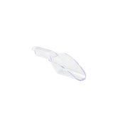 A clear polycarbonate ice scoop with a short handle is shown on a white background. The deep, oval-shaped bowl and handle are visible. The image is minimalist with no other objects present, highlighting the scoop’s durable, dishwasher safe design.