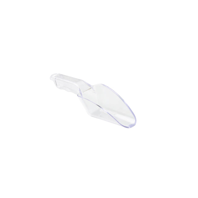 A clear polycarbonate ice scoop with a short handle is shown on a white background. The deep, oval-shaped bowl and handle are visible. The image is minimalist with no other objects present, highlighting the scoop’s durable, dishwasher safe design.