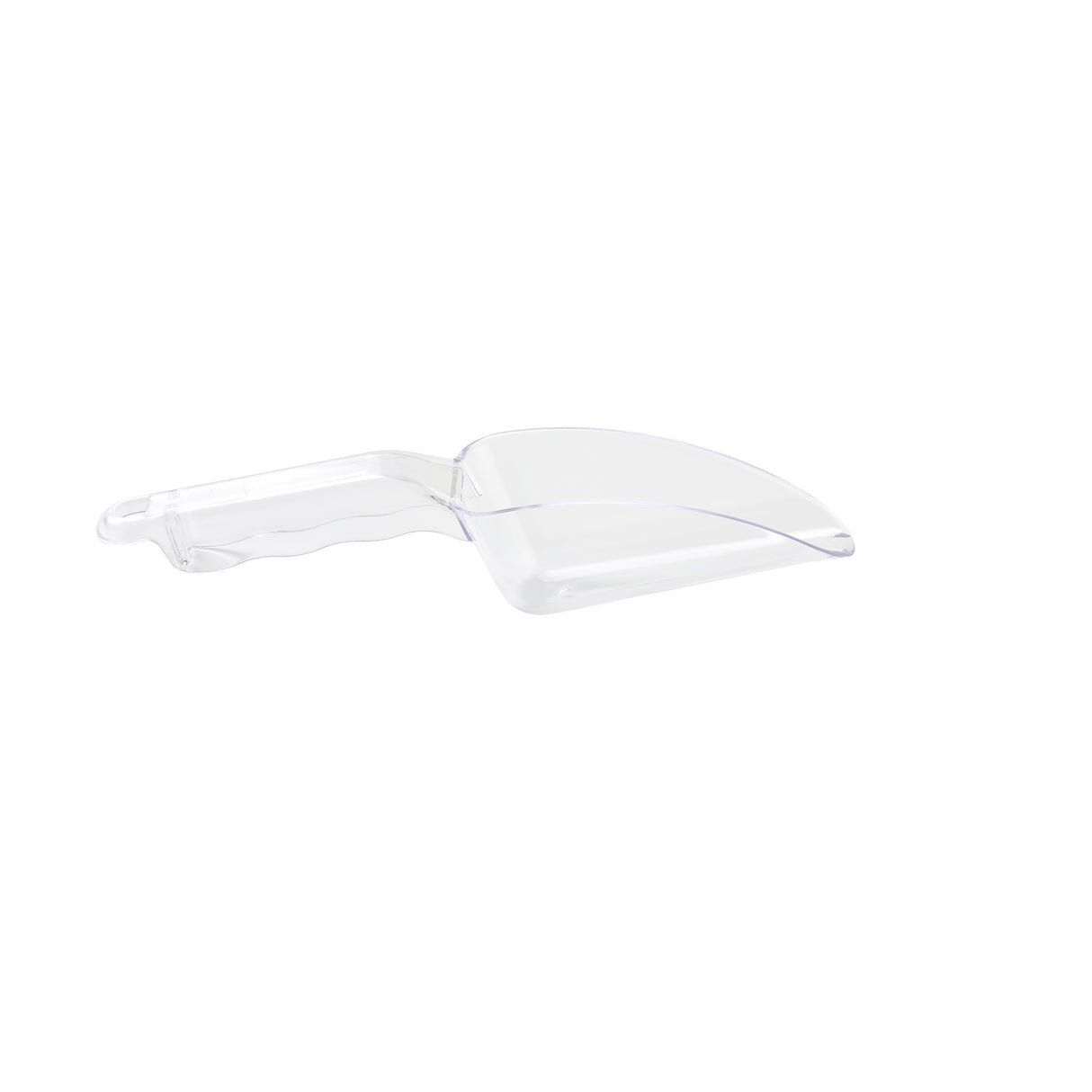 A clear polycarbonate pie server with a curved handle and flat, triangular blade, photographed on a white background. This dishwasher safe utensil is designed for lifting and serving slices of pie or cake.