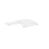 A clear polycarbonate pie server with a curved handle and flat, triangular blade, photographed on a white background. This dishwasher safe utensil is designed for lifting and serving slices of pie or cake.