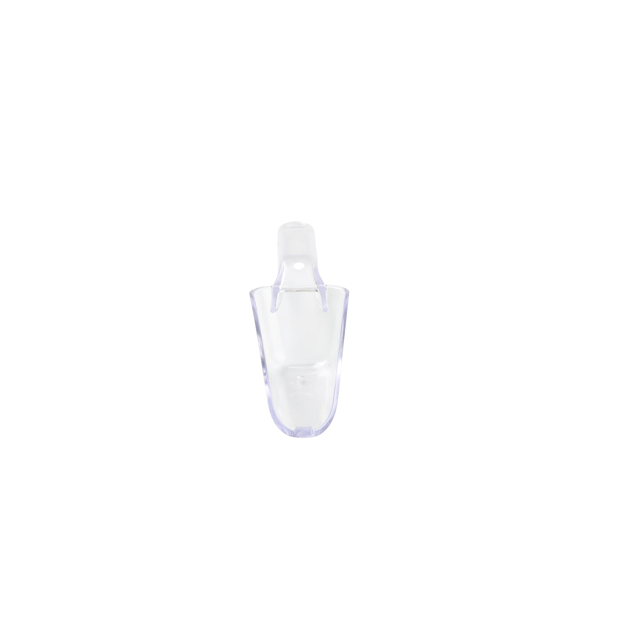 A clear, empty polycarbonate ice scoop with a short handle is centered against a plain white background. The scoop is transparent, upright, and dishwasher safe, with its open end facing upward and the handle pointing straight up.