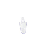 A clear, empty polycarbonate ice scoop with a short handle is centered against a plain white background. The scoop is transparent, upright, and dishwasher safe, with its open end facing upward and the handle pointing straight up.