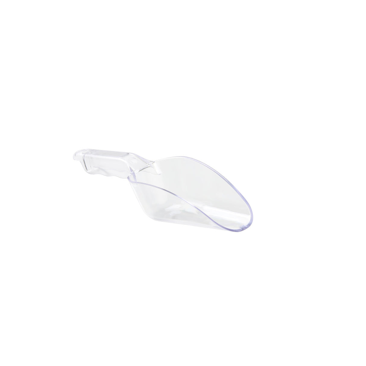 A clear polycarbonate ice scoop with a short handle is positioned at an angle against a white background. The scoop has a curved, open design, is empty, and is dishwasher safe.