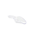 A clear polycarbonate ice scoop with a short handle is positioned at an angle against a white background. The scoop has a curved, open design, is empty, and is dishwasher safe.