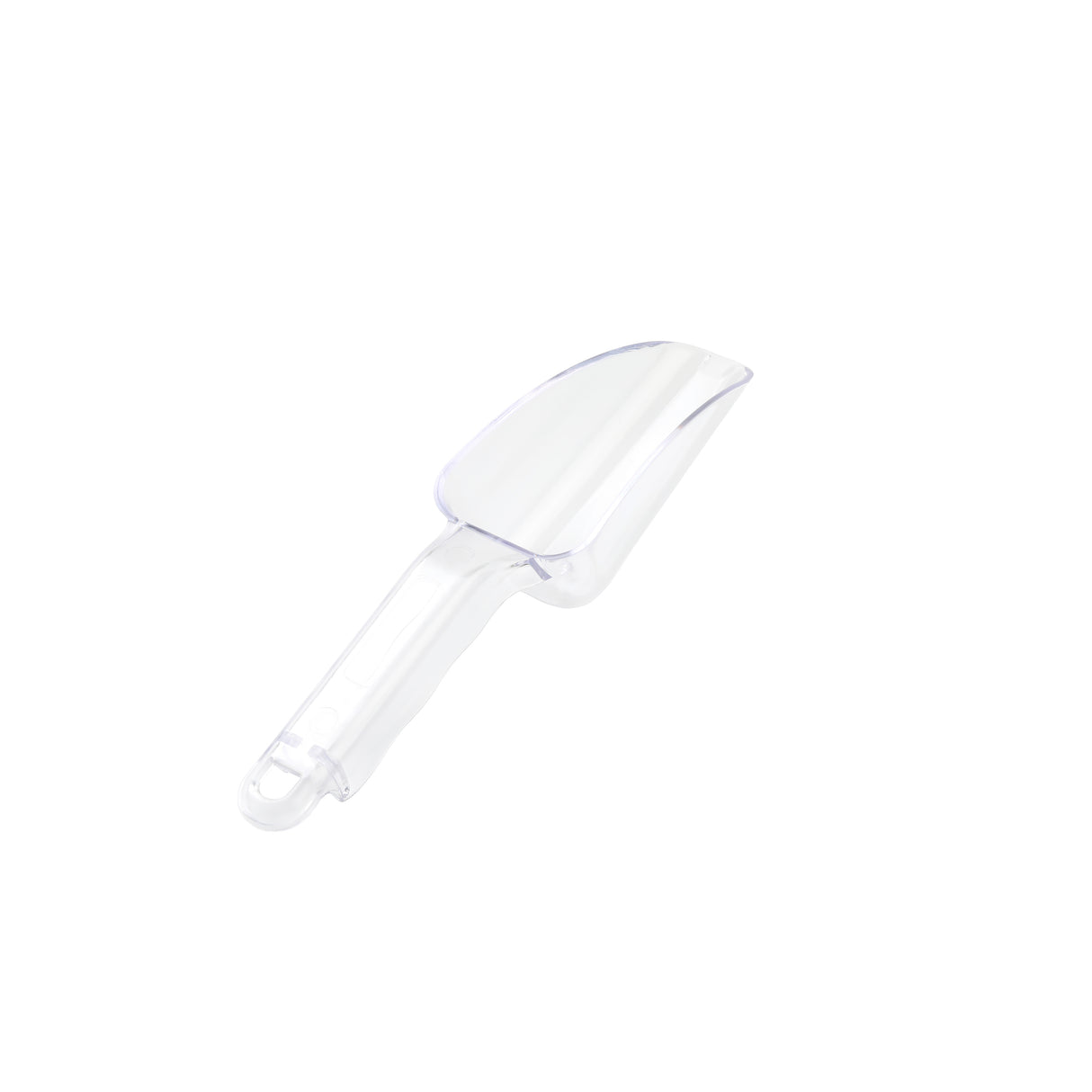 A clear polycarbonate Ice Scoop with a short handle and deep, rounded scoop section is angled against a plain white background. The scoop has a slight shine, and the handle features a small hole at the end for hanging.